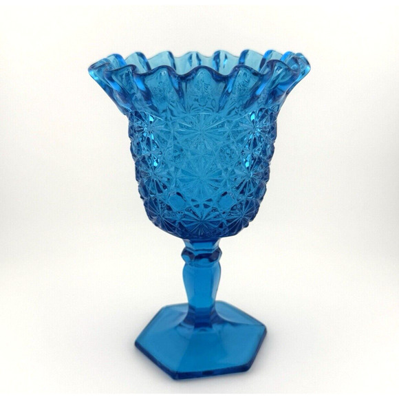 VTG MCM LE Smith Pressed Glass DAISY & BUTTON Blue Ruffled 6 1/2" Compote Vase - Picture 2 of 10